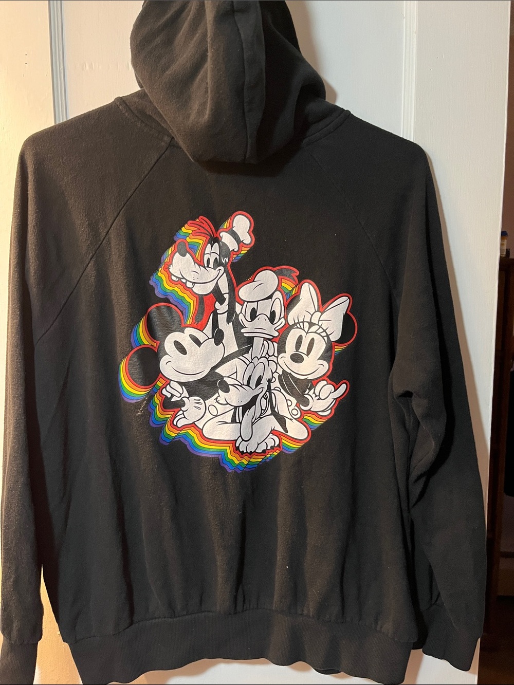 Disney Black Zip-Up Hoodie with Rainbow-Accented Classic Characters